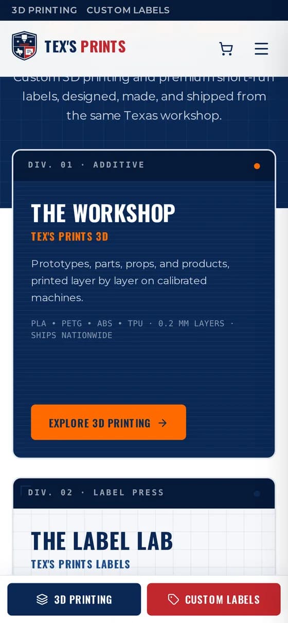 Tex's Prints homepage viewed on a phone