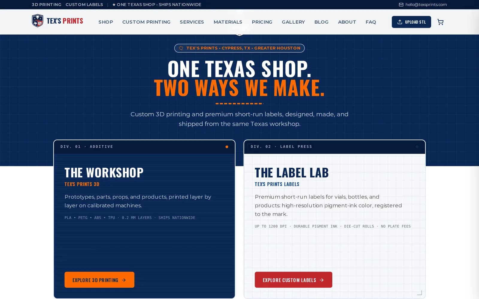Tex's Prints homepage showing the headline 'One Texas shop, two ways we make' with cards for The Workshop and The Label Lab