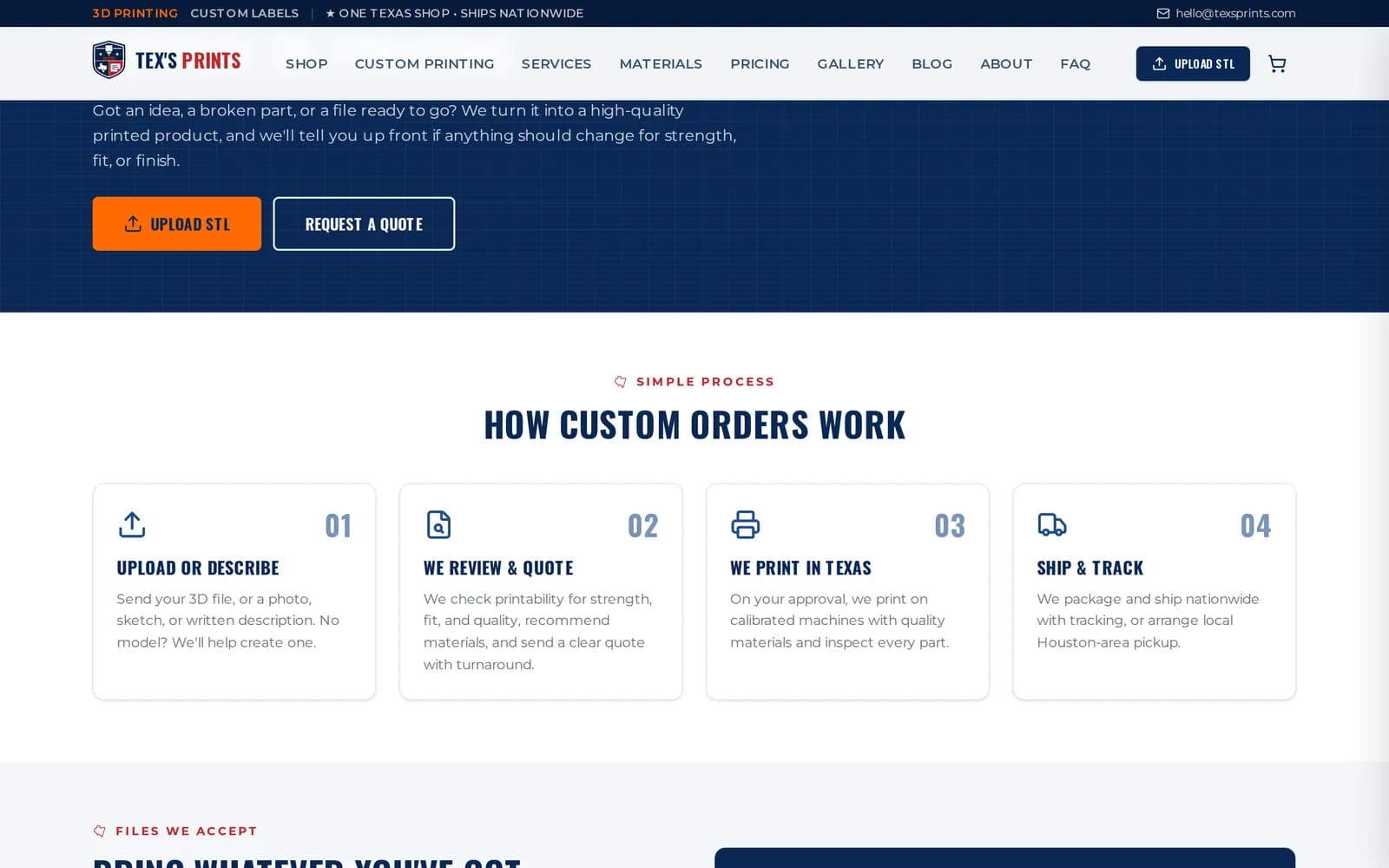A custom printing interior page on the Tex's Prints website